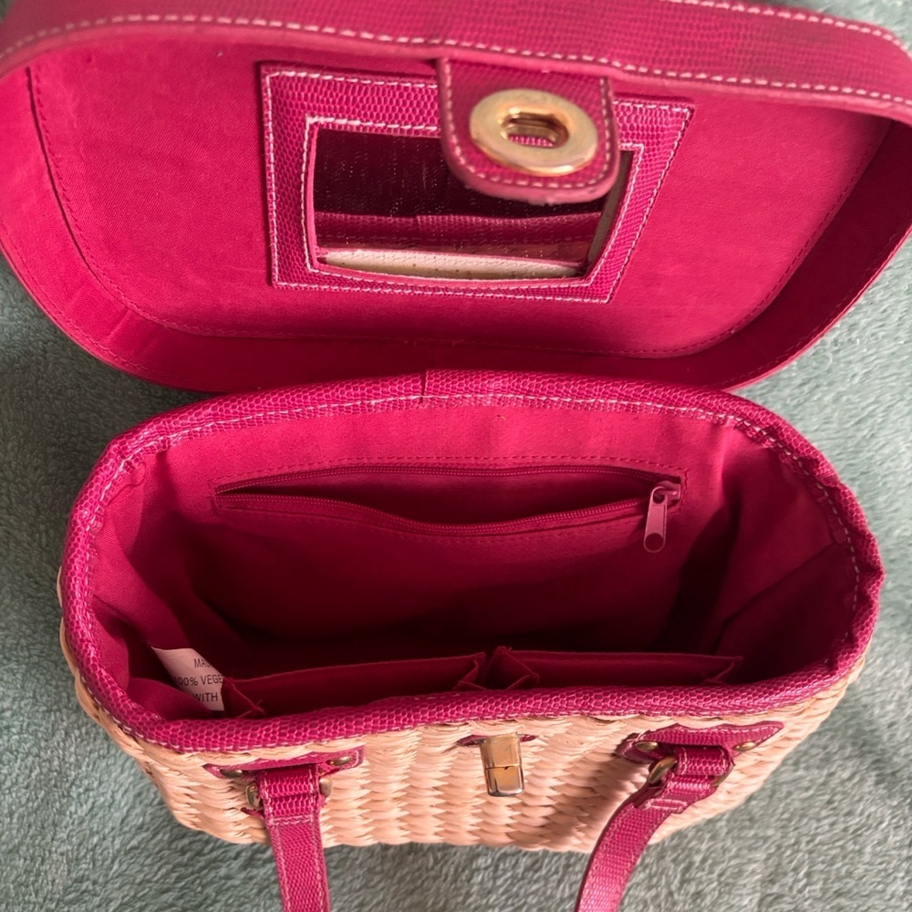 Vintage Vegetable Fiber Woven Basket Purse Top Handle Bag Pink Tan mirror - Picture 8 of 14